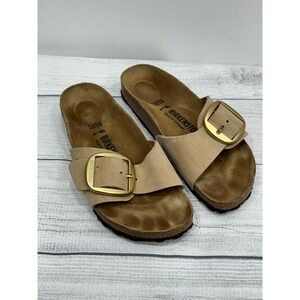 Birkenstock Beige Single Strap Slide Sandals with Gold Buckles